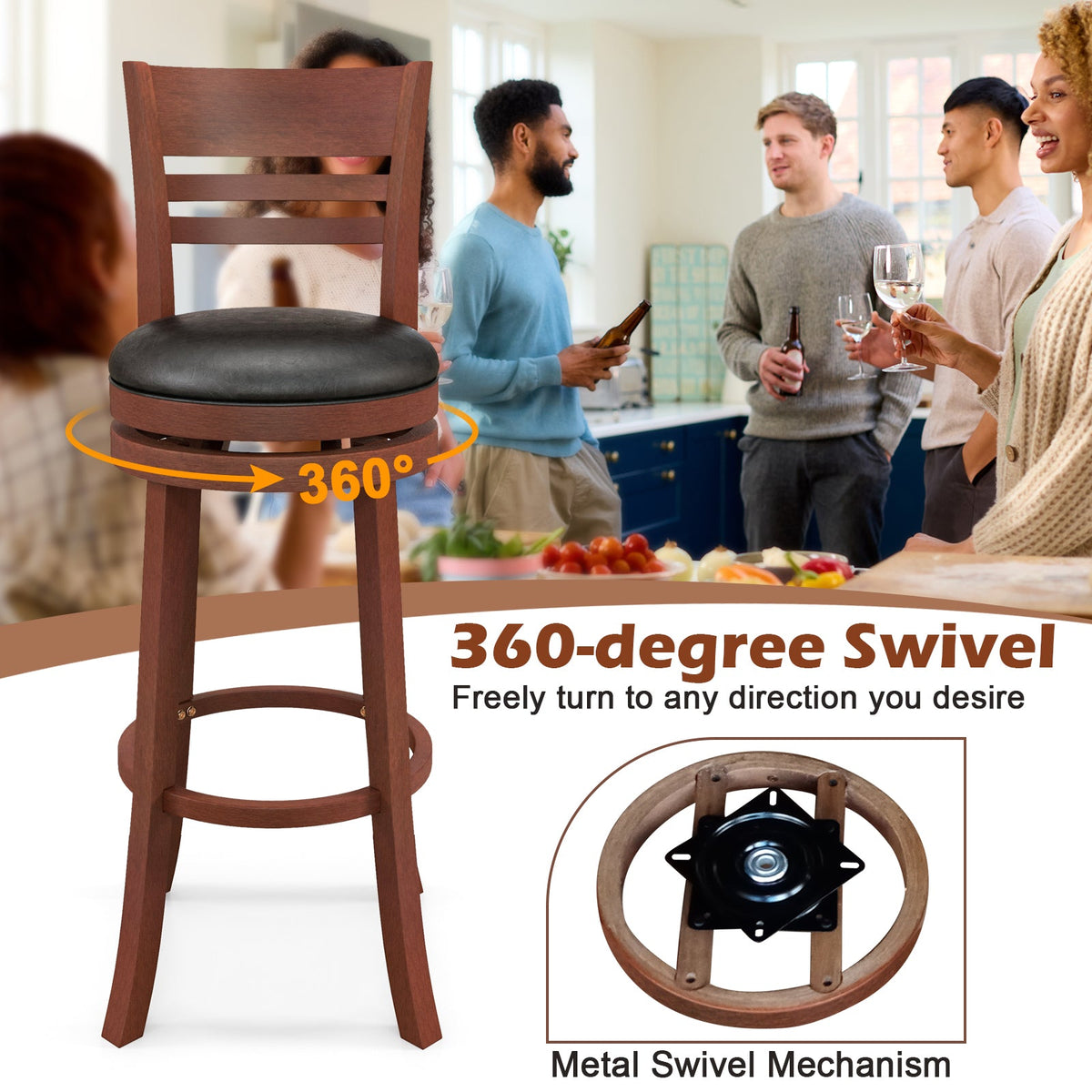 Set of 2 360° Bar Stools with PU Upholstered Seats-Brown