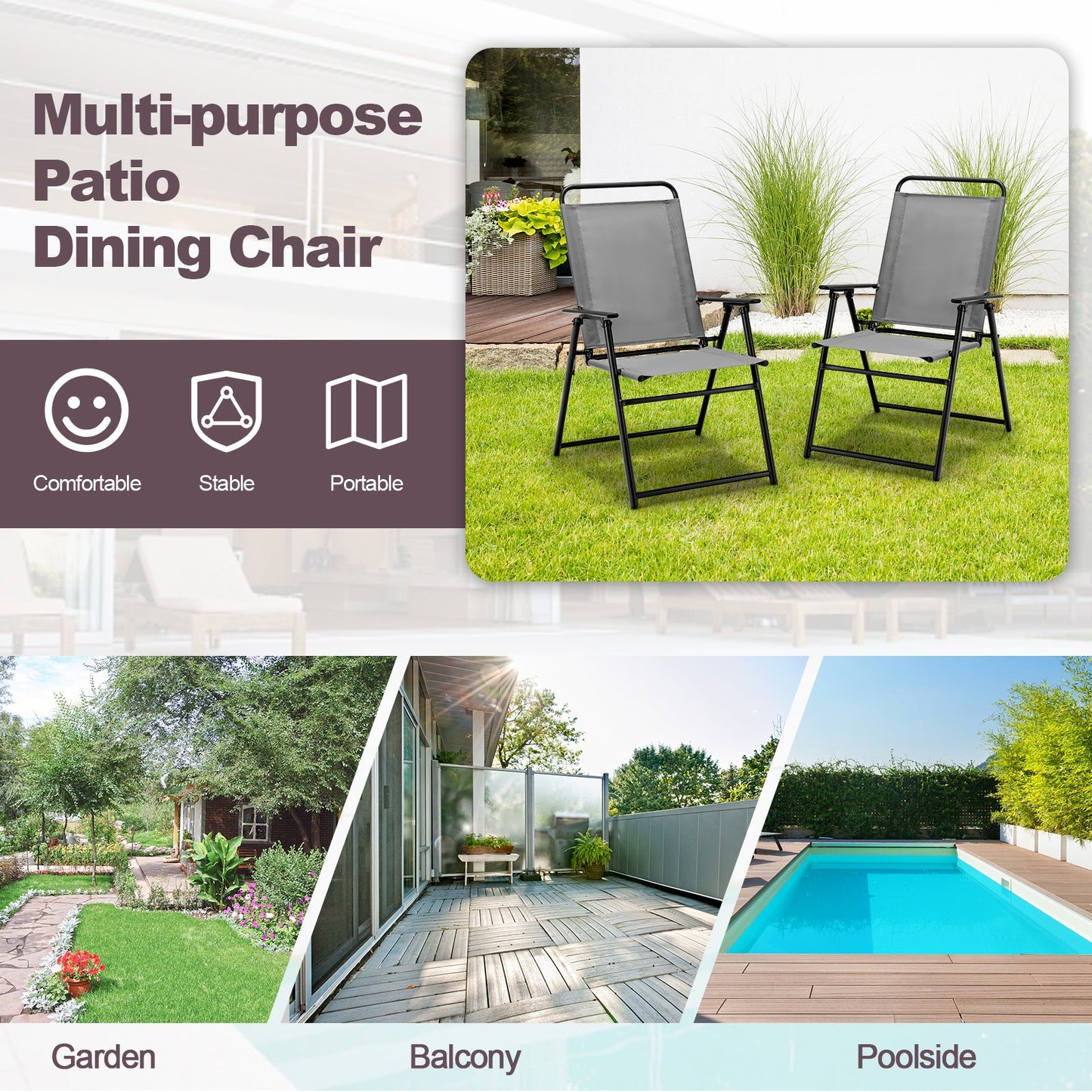 Outdoor Folding Sling Chairs with Armrest and Backrest