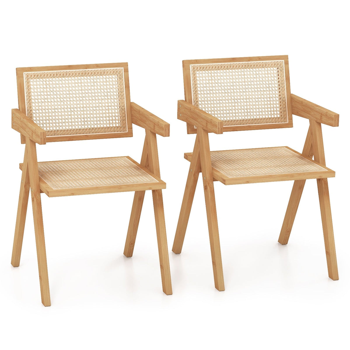 Set of 2 Rattan Accent Chairs with Natural Bamboo Frame-Natural