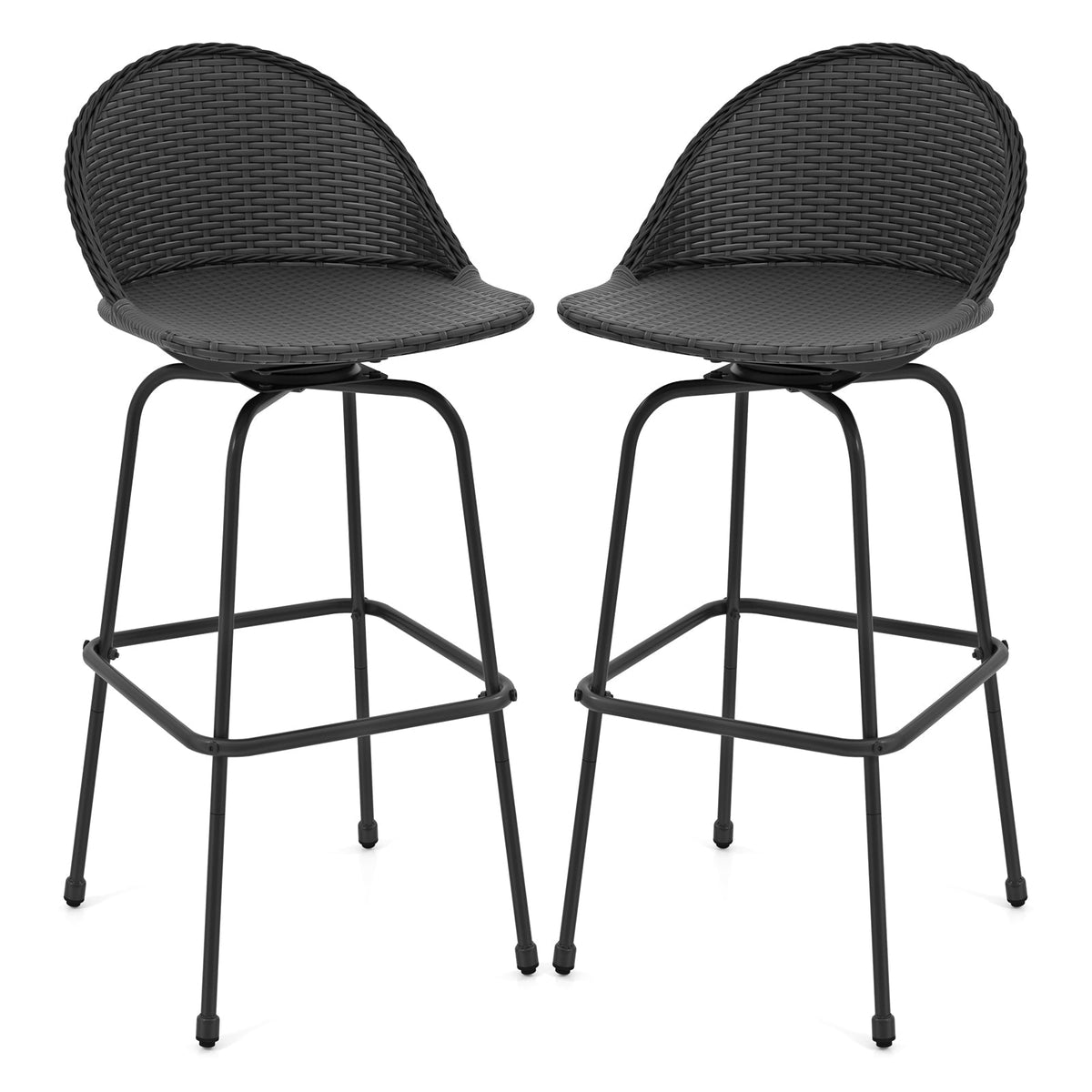 Set of 2 Rattan Swivel Barstools with Curved Back-Black