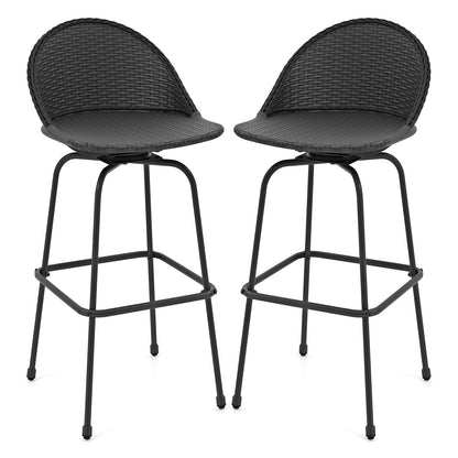 Set of 2 Rattan Swivel Barstools with Curved Back-Black