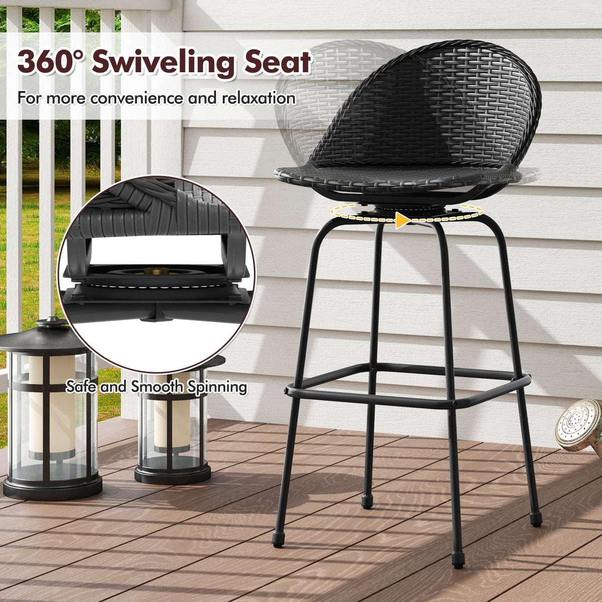 Set of 2 Rattan Swivel Barstools with Curved Back-Black