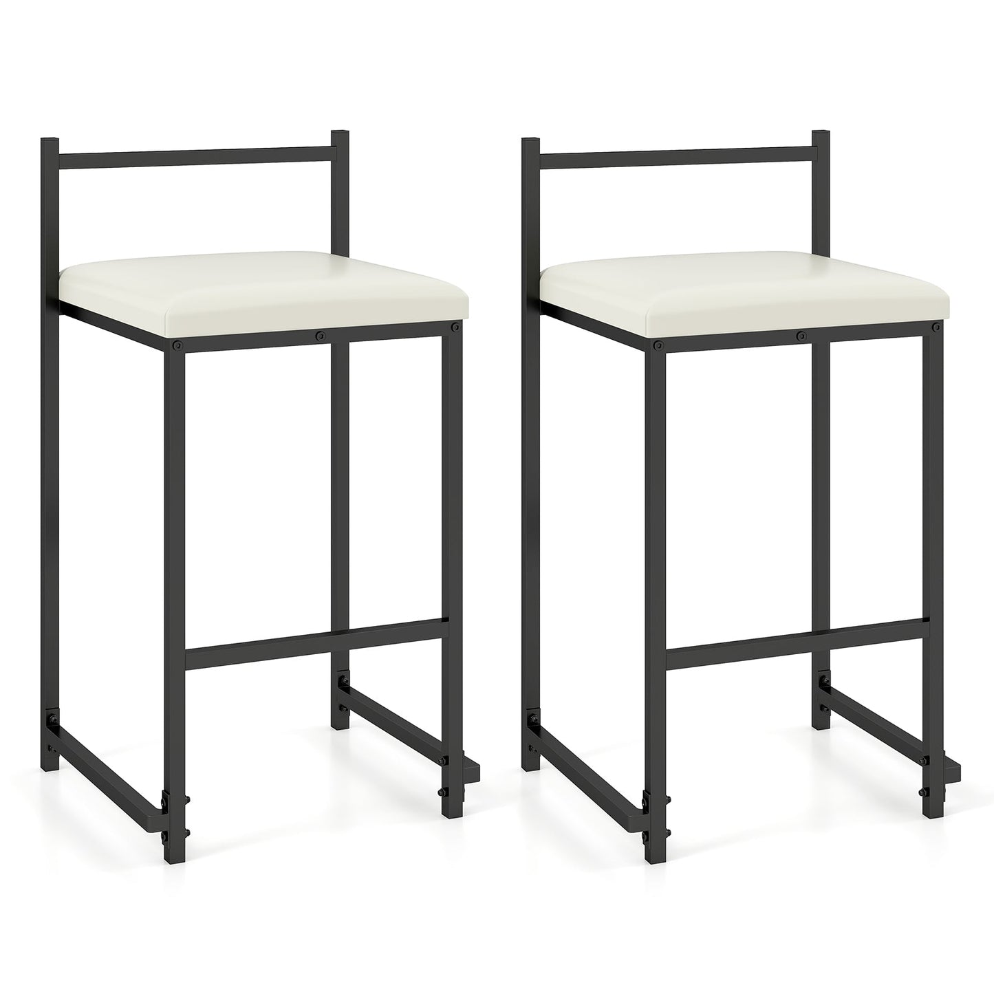 Set of 2 Stackable Counter Height Bar Stools PU Leather Upholstered with Footrest-Black