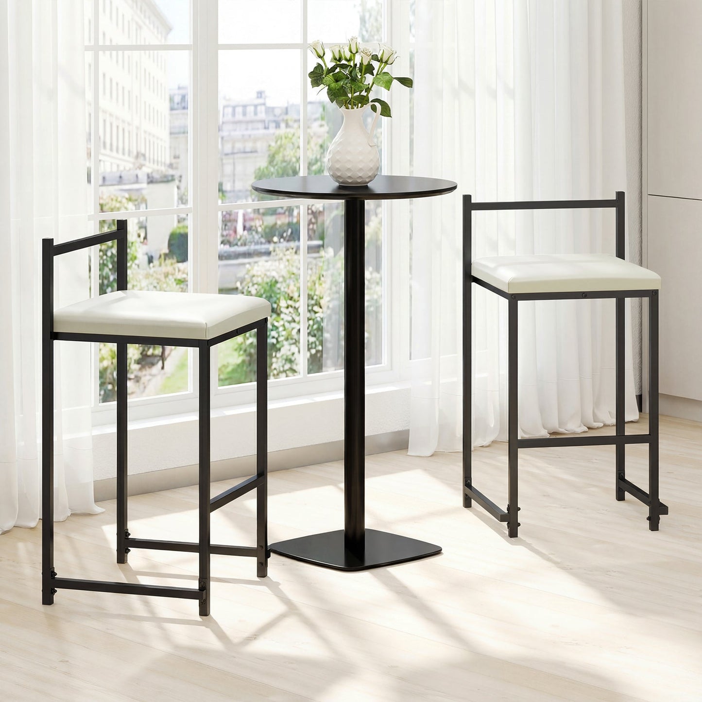 Set of 2 Stackable Counter Height Bar Stools PU Leather Upholstered with Footrest-Black