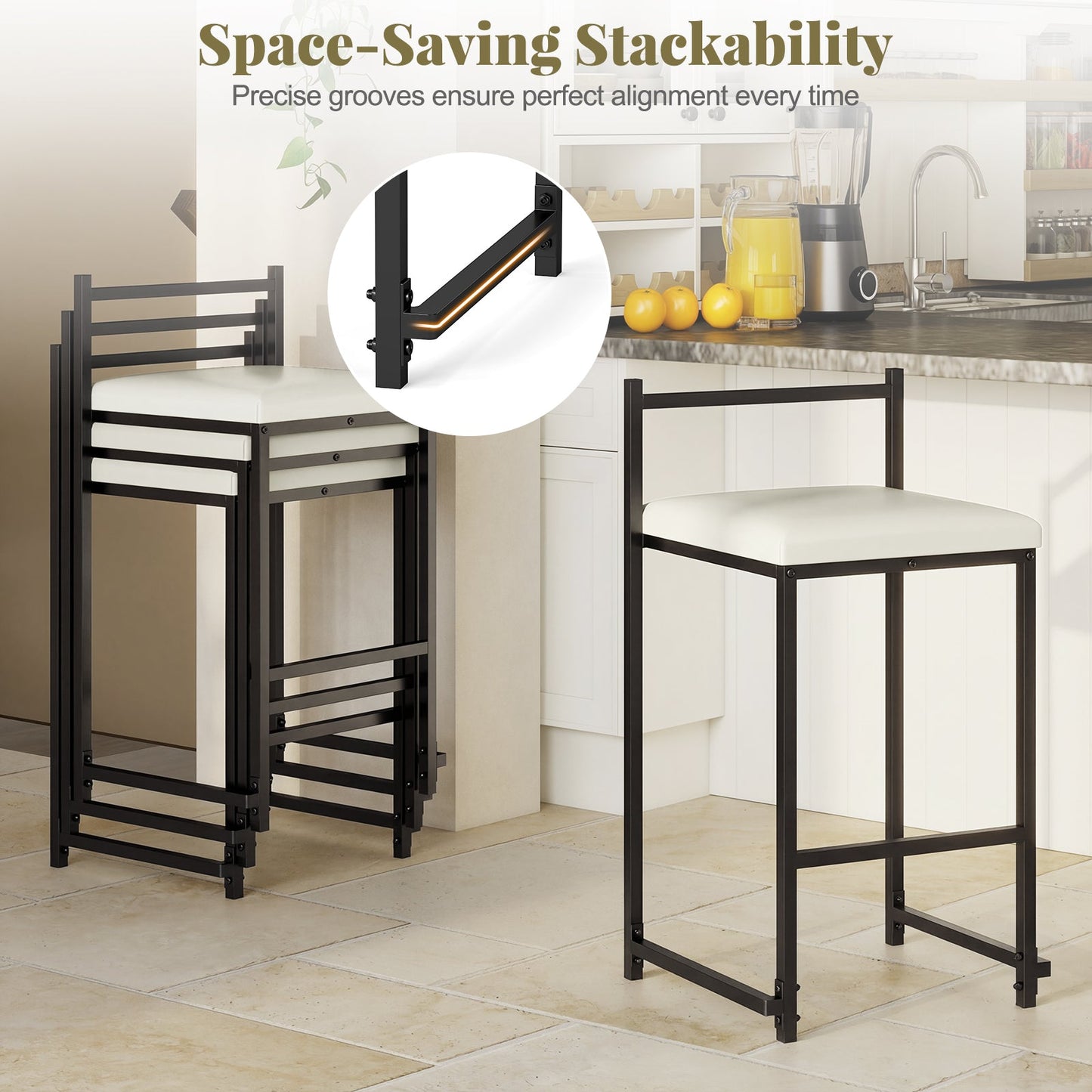 Set of 2 Stackable Counter Height Bar Stools PU Leather Upholstered with Footrest-Black