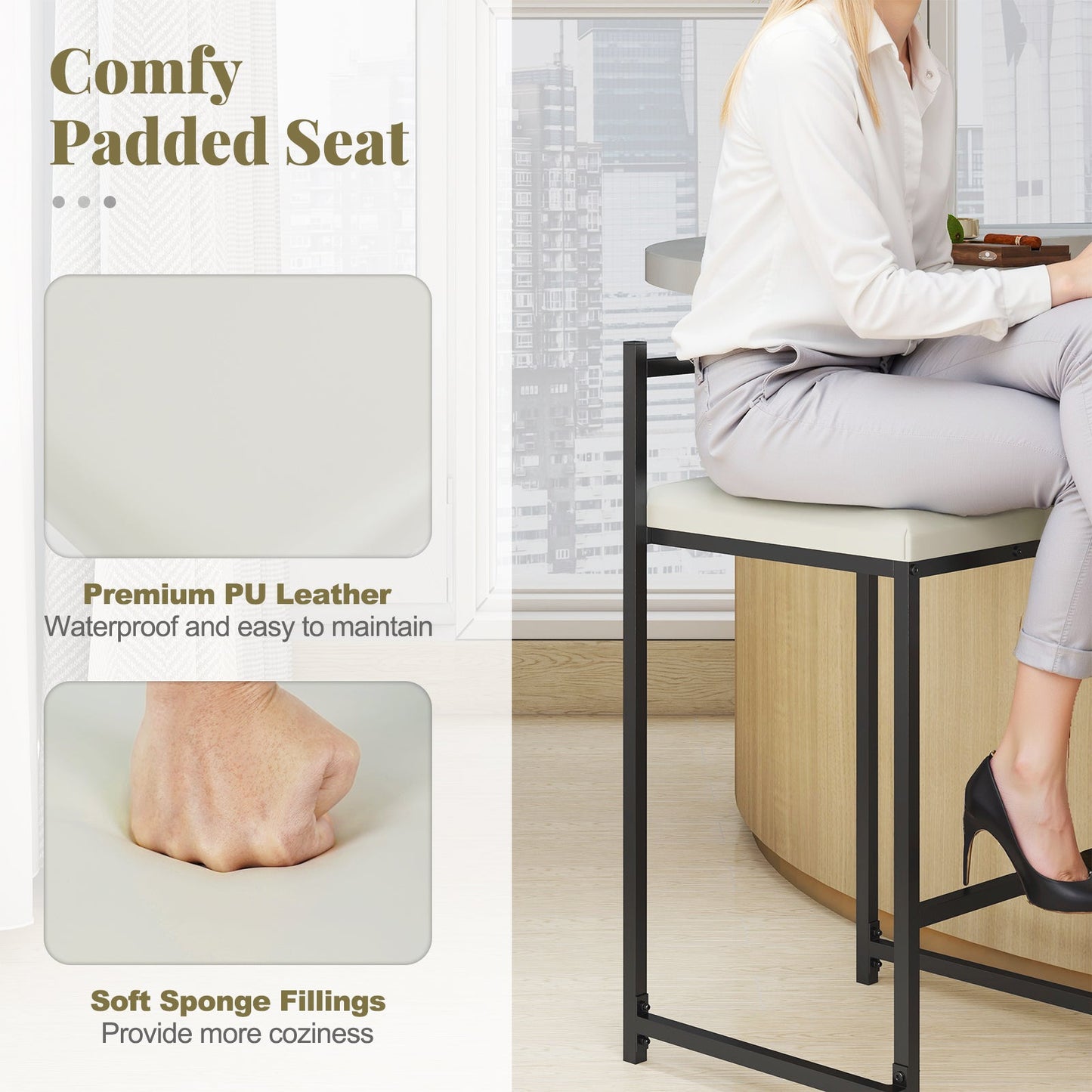 Set of 2 Stackable Counter Height Bar Stools PU Leather Upholstered with Footrest-Black
