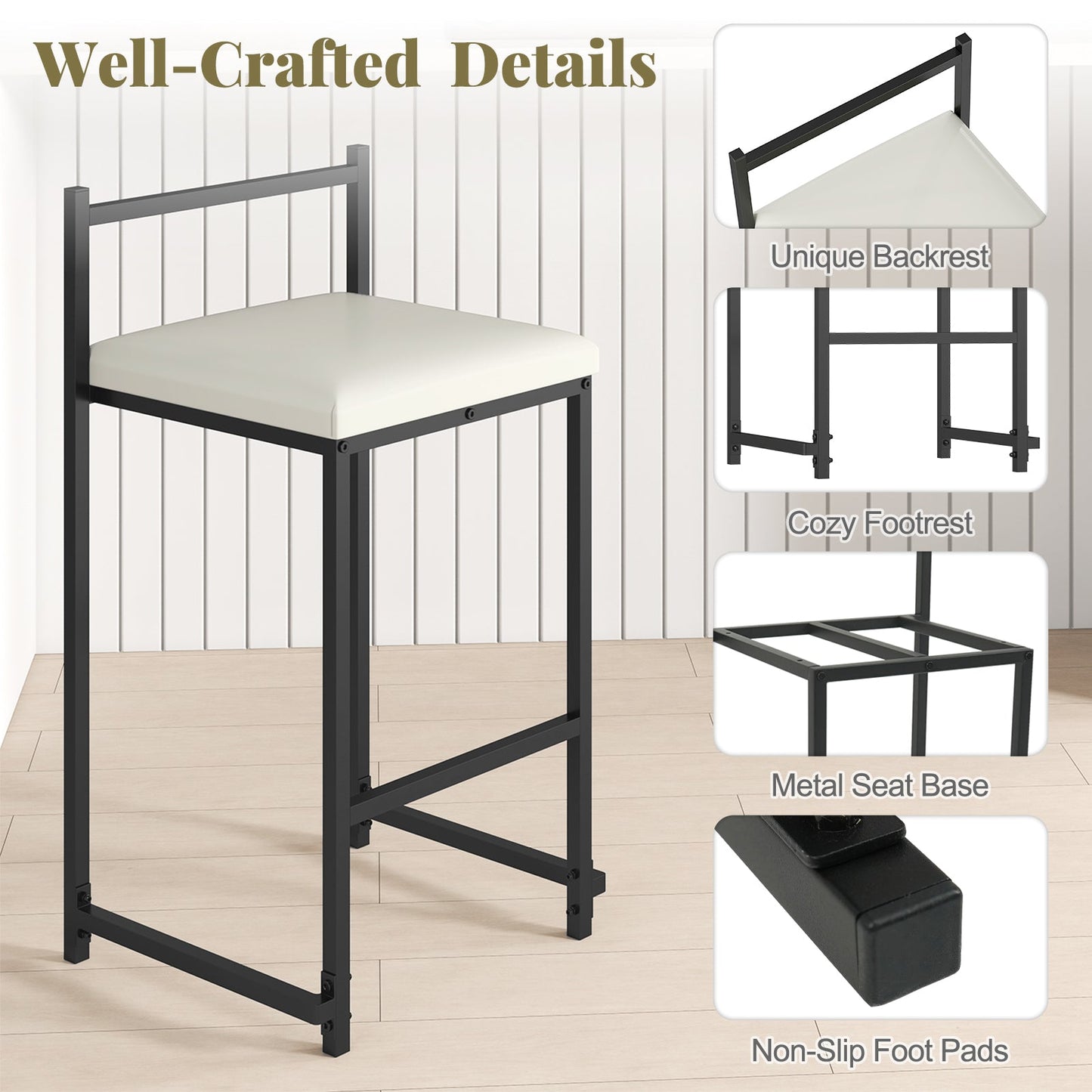 Set of 2 Stackable Counter Height Bar Stools PU Leather Upholstered with Footrest-Black