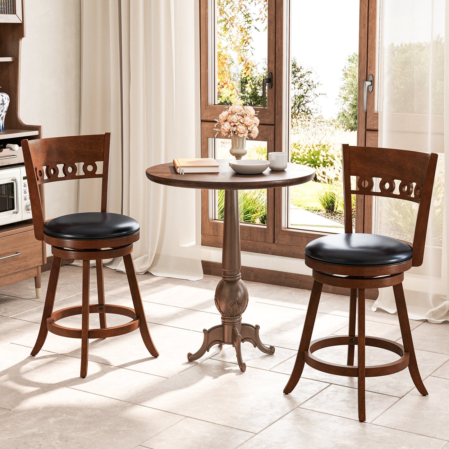 Set of 2 Swivel Bar Stools with Rubber Wood Frame