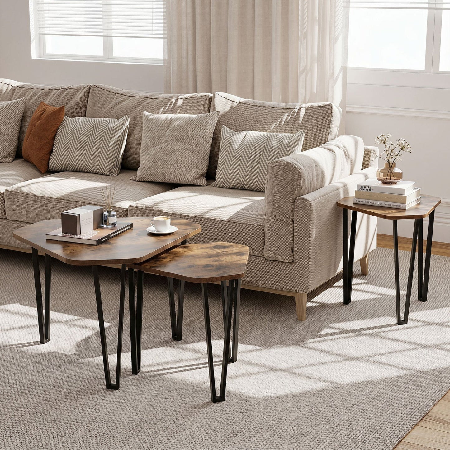 Nesting Coffee Tables Set of 3 with Metal Frame - Rustic Brown
