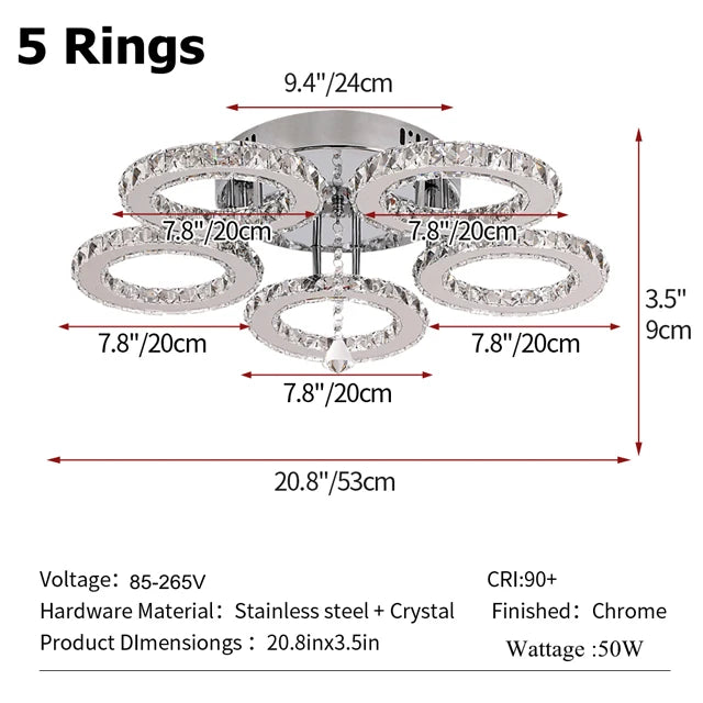 GreeLustr Modern LED Crystal Ring Chandelier – Dimmable Ceiling Pendant Light for Living Room, Bedroom & Dining Room (3 or 5 Rings)