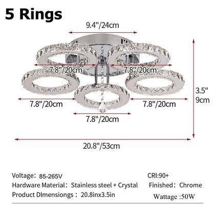 GreeLustr Modern LED Crystal Ring Chandelier – Dimmable Ceiling Pendant Light for Living Room, Bedroom & Dining Room (3 or 5 Rings)