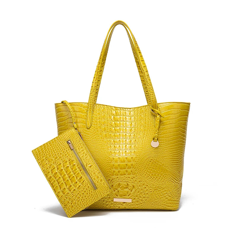 Crocodile-Embossed PU Leather Tote Bag Set – Spacious Bucket Shoulder Handbag with Detachable Zipper Pouch for Women, 14 Colors