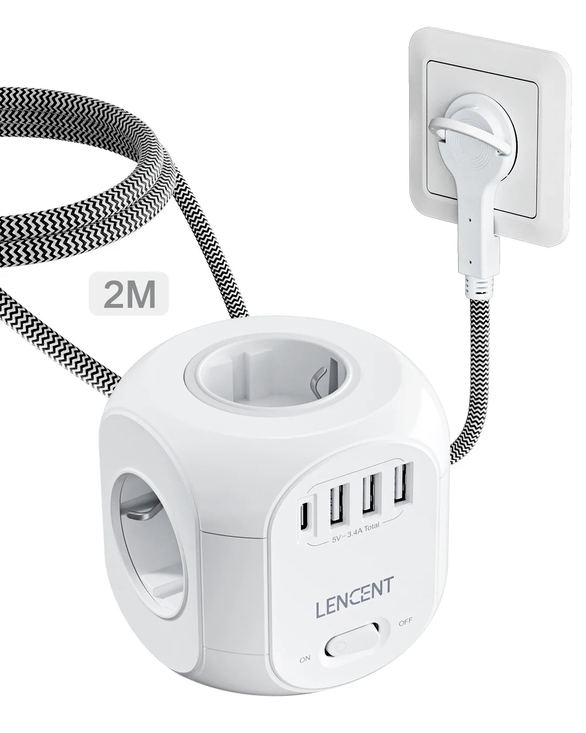 EU Plug Power Strip 4 AC Outlets, 3 USB Ports + 1 USB-C, 2m/3m Braided Cable Multi-Socket with Switch