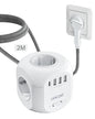EU Plug Power Strip Cube — 4 AC Outlets, 3 USB-A + 1 USB-C (4 Ports), 2500W, Overload Protection, 2m/3m Braided Cable (6.6ft/9.8ft)
