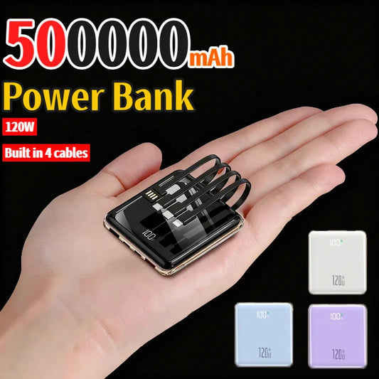 500,000 mAh Mini Power Bank Built-in 4 Cables 120W Fast Charging Portable External Battery for Android & iOS