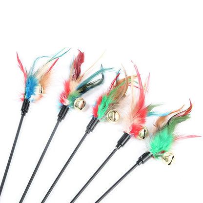 5-Pack Interactive Cat Feather Wand Toys - Colorful Feather Teasers with Bell