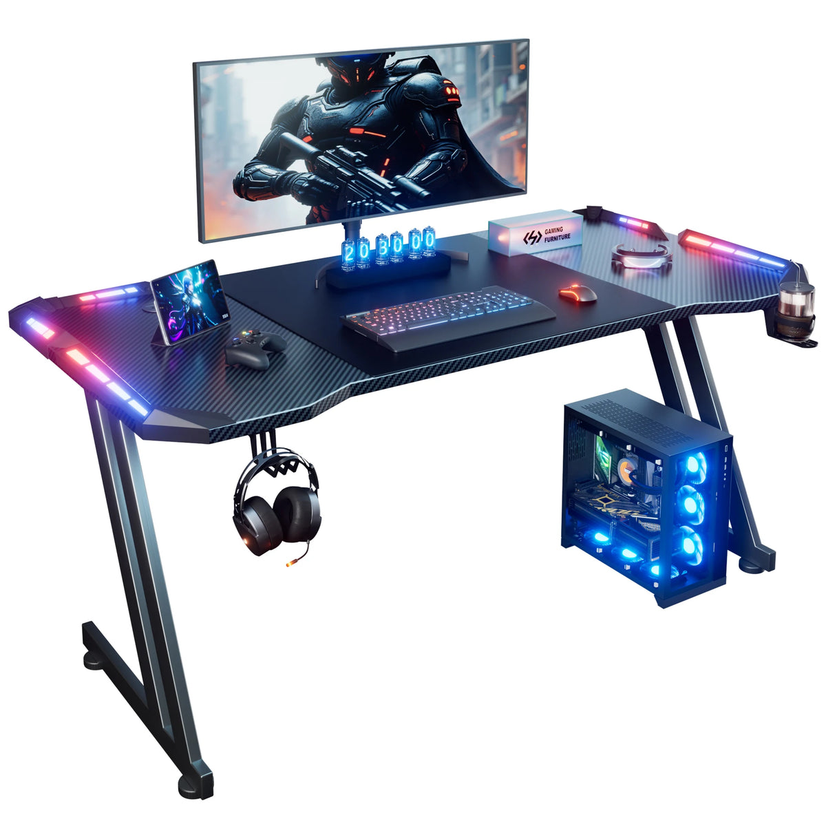 FRODROVIA Z-Frame RGB LED Gaming Desk - 48"/55"/63", 4-Side LED Strips + Remote, Carbon Fiber, Cup Holder, Headphone Hook, 200 lb