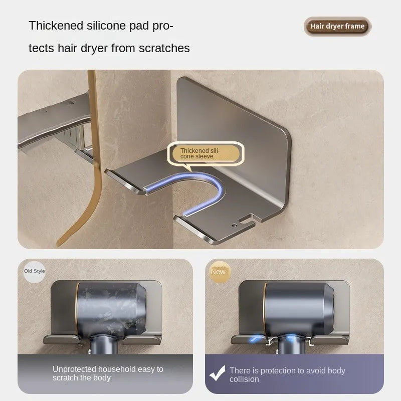 Hair Dryer & Straightener Holder - Wall-Mounted Nail-Free Aluminum Shelf for Bathroom Storage