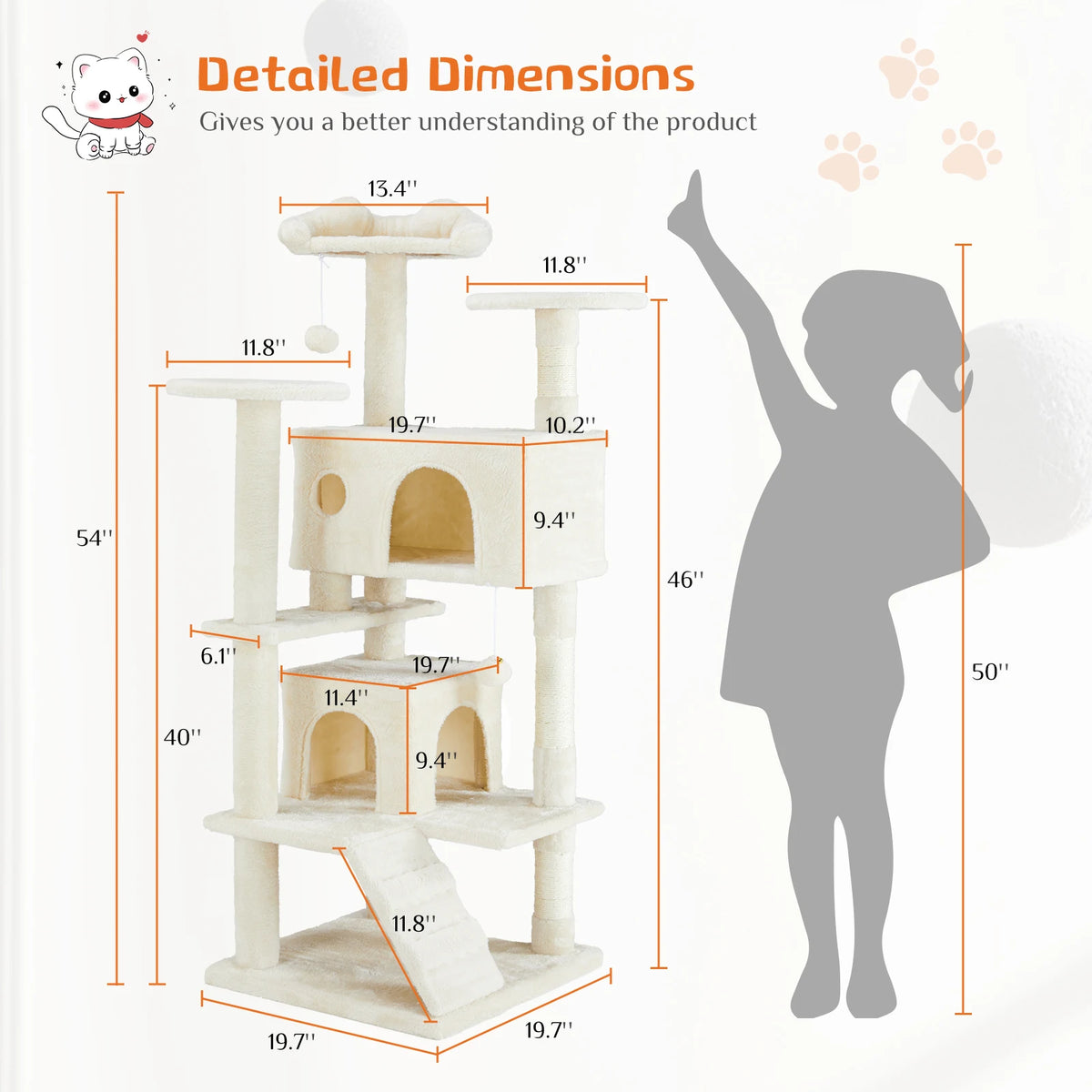 JHK 54-Inch Multi-Level Cat Tree with Sisal Scratch Posts