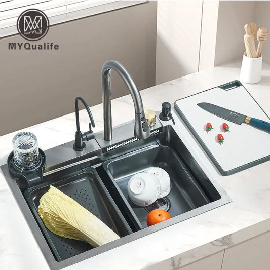 304 Stainless Steel 60 x 45 cm (23.6 x 17.7 in) Single Bowl Kitchen Sink with Waterfall Faucet Set, Soap Dispenser & Filter