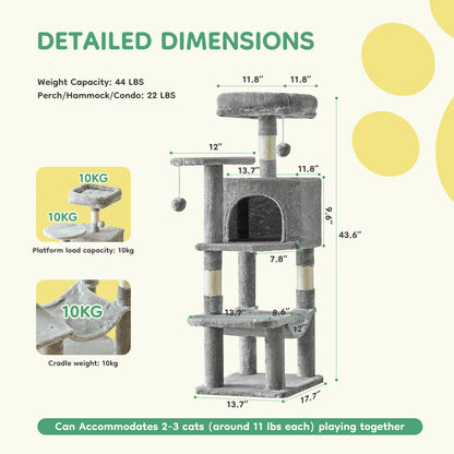 JHK 44" 4-Tier Cat Tree Tower - Condo, Hammock, Sisal Posts, 2 Platforms, 2 Swinging Balls, Anti-Tip, 44lb Rated, Multi-Cat