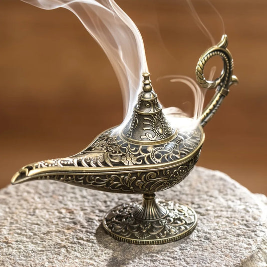 Antique Metal Incense Burner - Aladdin Lamp Style Aroma Diffuser for Home Decor and Air Purification