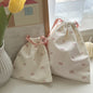 Korean Bow Storage Bag Canvas Sweet Kawaii Girl Artsy Drawstring Bag Lipstick Portable Makeup Bag Travel Organizer Accessories