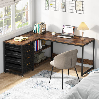 Tribesigns 59" L-Shaped Corner Desk - 4 Drawers, 2-Tier Open Shelf, Reversible, E1 Particle Board, Metal Frame, Adjustable Feet, 1-Year Warranty - Dark Gray / Chocolate / White