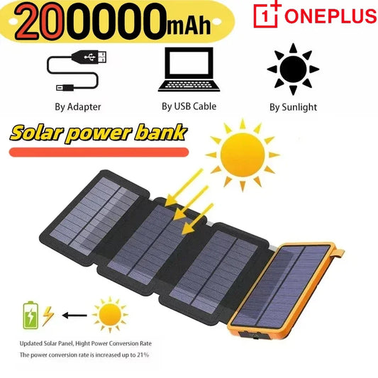 200000mAh Solar Power Bank with Folding Solar Panel Portable Waterproof Fast Charger Dual USB & USB-C for Camping