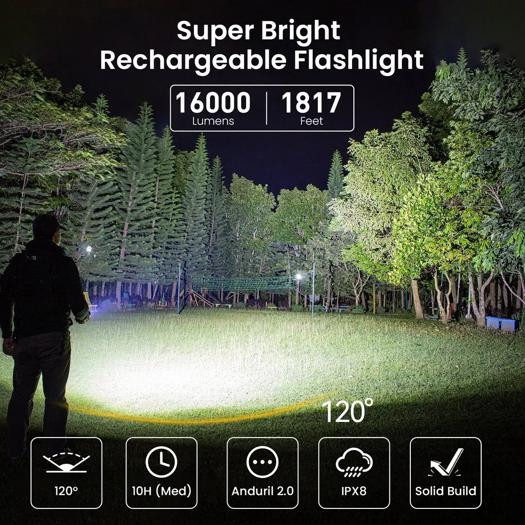 Super Powerful 16000 Lumen LED Flashlight — USB-C Rechargeable, IP68