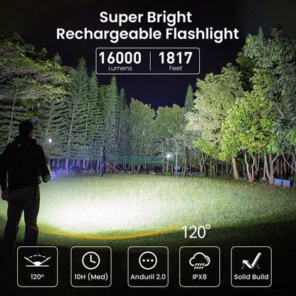 Super Powerful 16000 Lumen LED Flashlight — USB-C Rechargeable, IP68