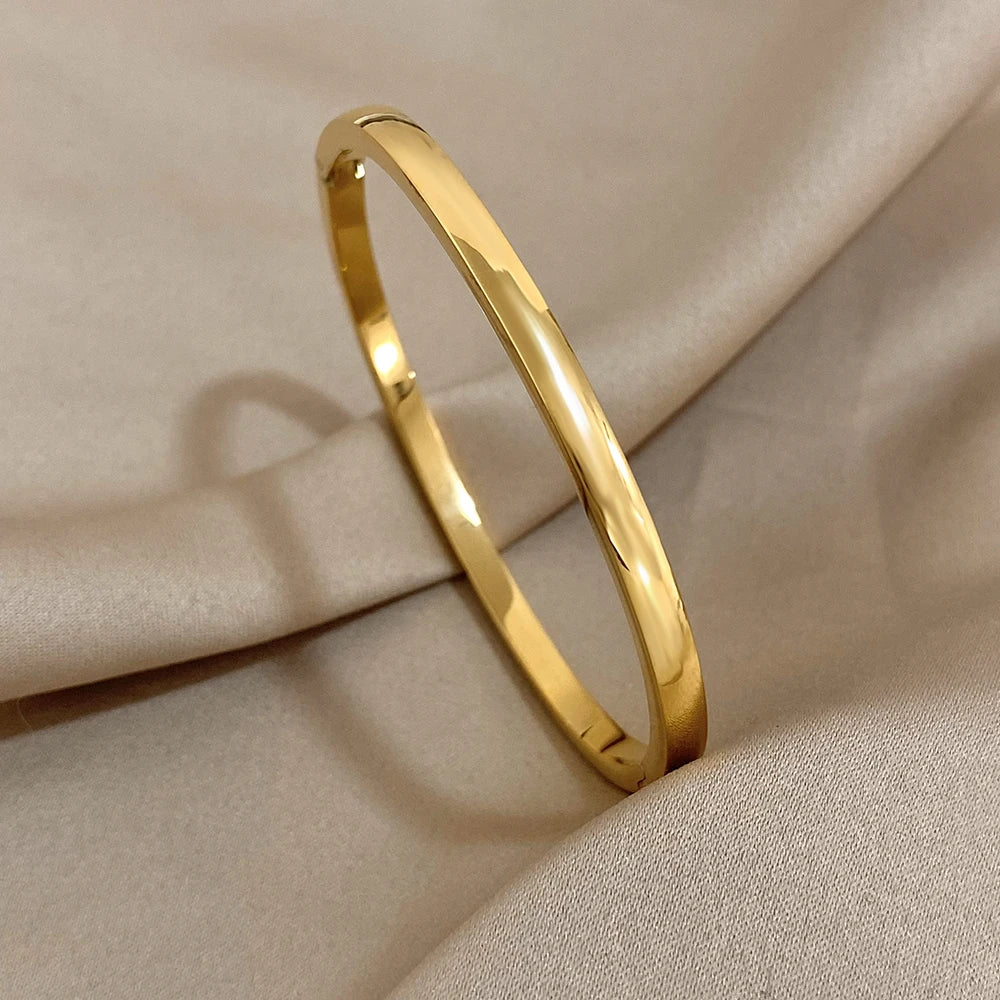Smooth Stainless Steel Cuff Bangle Bracelet - Gold, Rose Gold or Silver, 60mm, Waterproof, Stackable