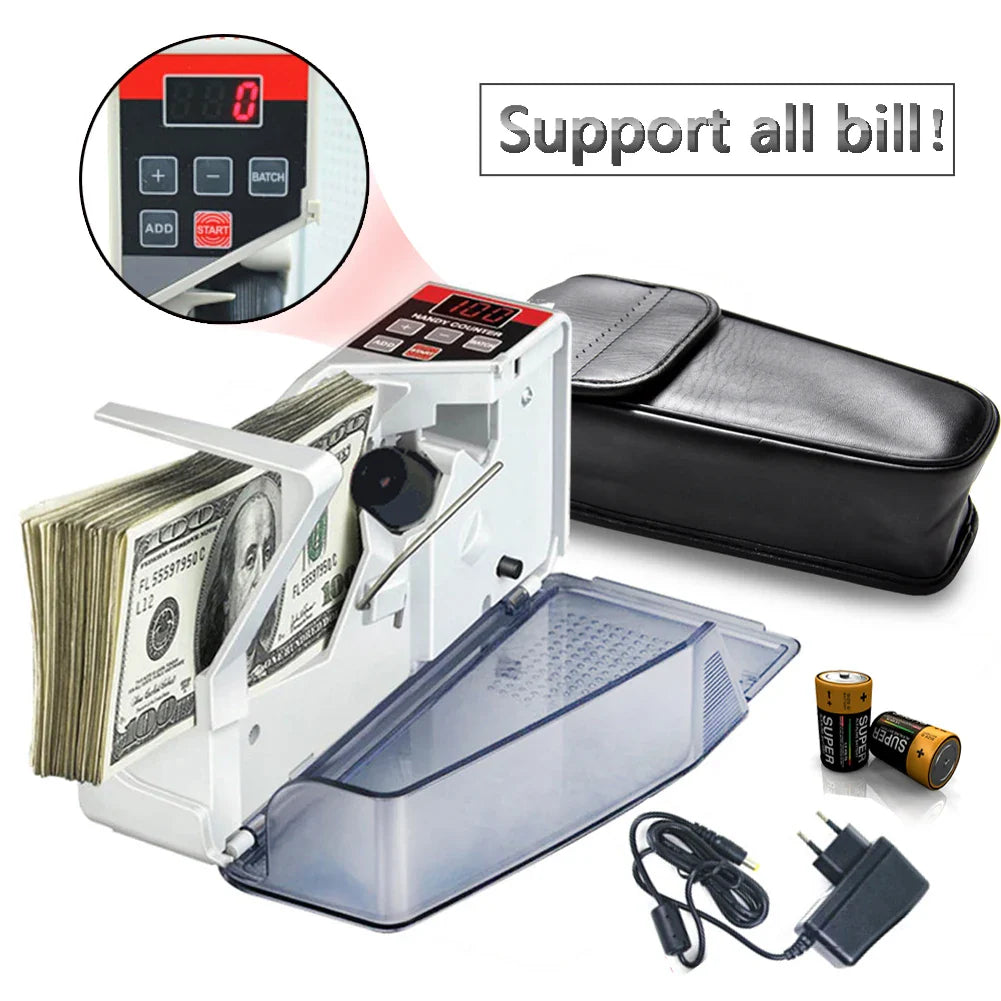 Portable Mini Money Counter for Bills & Banknotes – EU Adapter & Battery-Powered