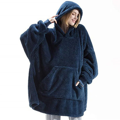 Women's Thick Winter Fleece Hooded Pullover Jacket – Double-Layer Warm Long Hoodie with Pockets