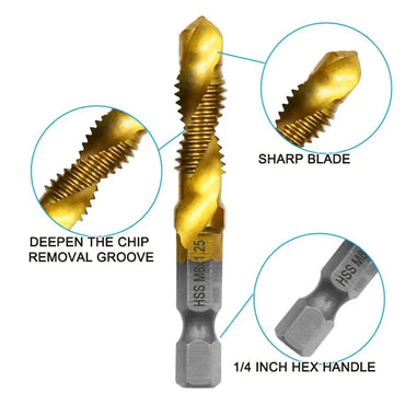6-Piece HSS 4341 Titanium-Plated Tap and Drill Combo Set Integrated Machine Taps and Chamfer Tools