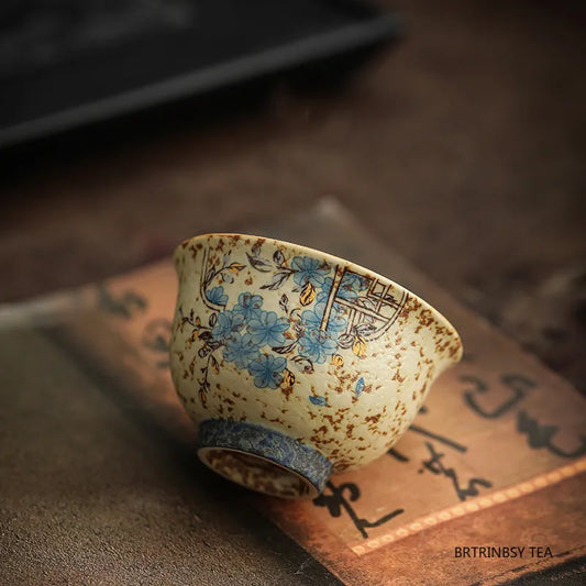 Handmade Floral Ceramic Tea Cup 45ml (1.5 fl oz) - Vintage Travel Teacup for Personal Tea & Meditation, 1-Pack