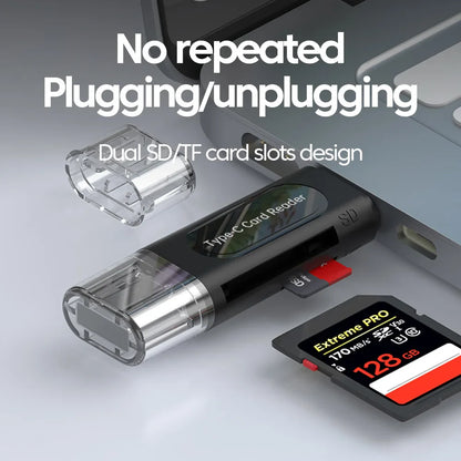 4-in-1 USB Type-C Card Reader - SD/TF (microSD) & Memory Stick, USB 2.0 External Adapter (Black)