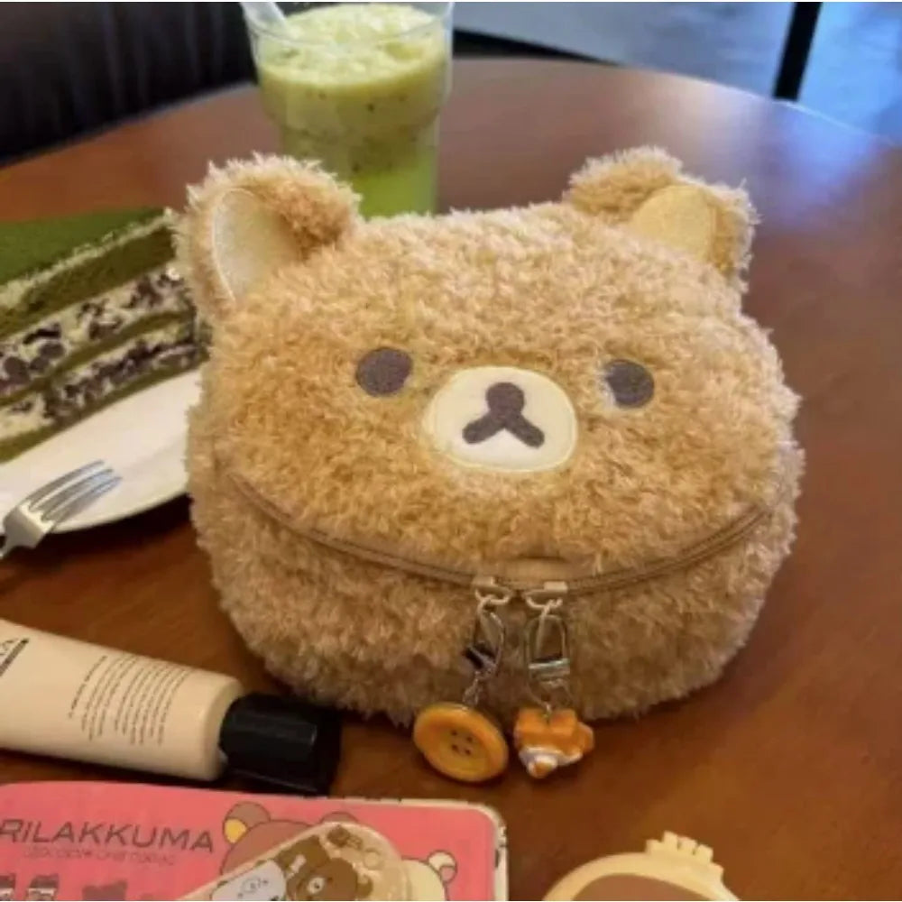 Kawaii Rilakkuma Bear Plush Makeup Bag - Fluffy Cosmetic Pouch with Mesh Pocket, Dual Compartment, 15×13×7cm