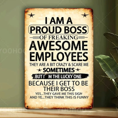 1 Piece 'Awesome Employee's Proud Boss' Aluminum Sign, 8x12 Inches - Humorous and Motivational Wall Art with Vintage Design