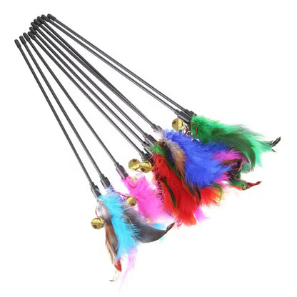 5-Pack Interactive Cat Feather Wand Toys - Colorful Feather Teasers with Bell