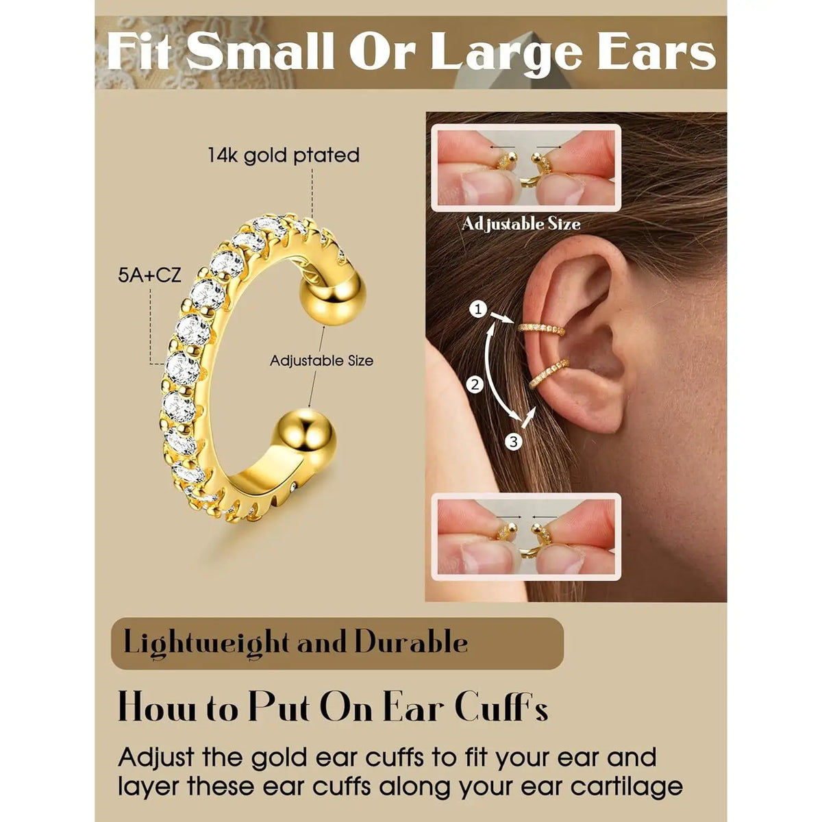 drperfect 4-Pair Ear Cuff Set - No Piercing, Adjustable Clip-On Cartilage Earrings, Brass, 14K Gold Plated or Silver, Hypoallergenic, Nickel-Free - 6 Styles
