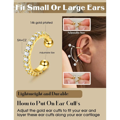 drperfect 4-Pair Ear Cuff Set - No Piercing, Adjustable Clip-On Cartilage Earrings, Brass, 14K Gold Plated or Silver, Hypoallergenic, Nickel-Free - 6 Styles