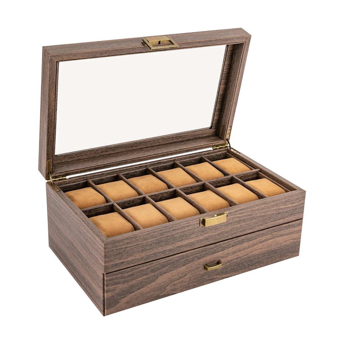24-Compartment 2-Tier Watch Display Box with Glass Window - Rustic Brown PU & Wood, Removable Pillows, Tabletop Jewelry Organizer