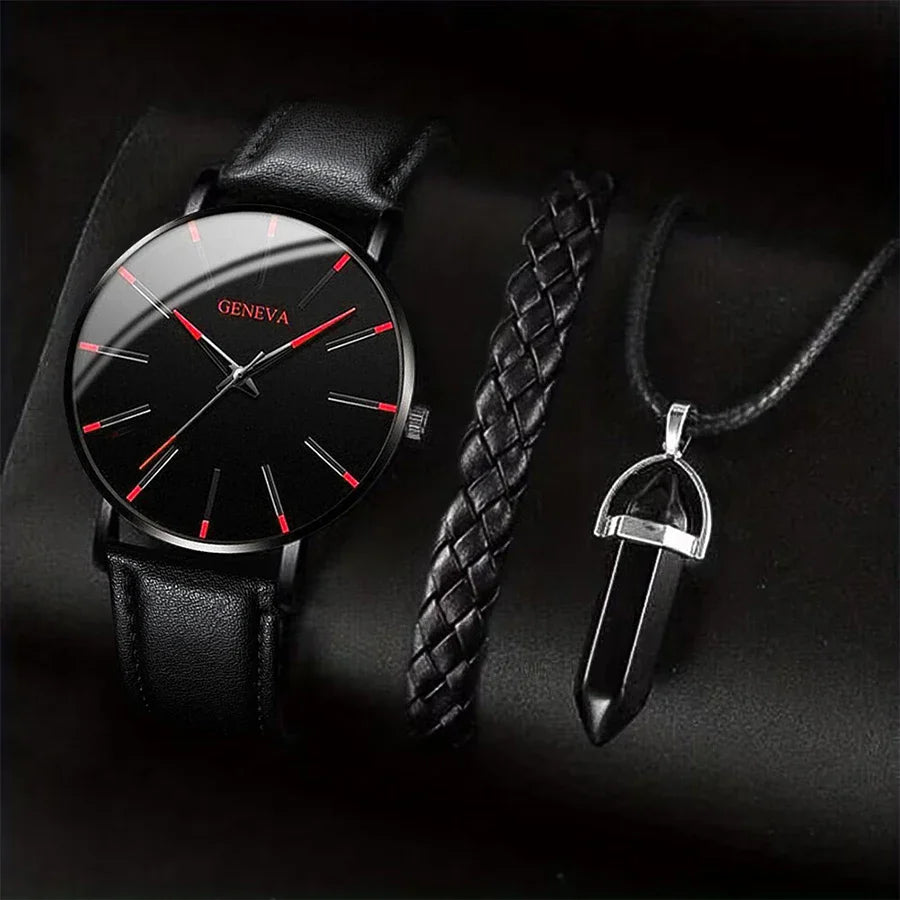3-Piece Men's Business Casual Quartz Watch Set with Leather Strap, Necklace & Bracelet — 41mm (1.61 in) Case