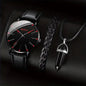 3-Piece Men's Business Casual Quartz Watch Set with Leather Strap, Necklace & Bracelet — 41mm (1.61 in) Case