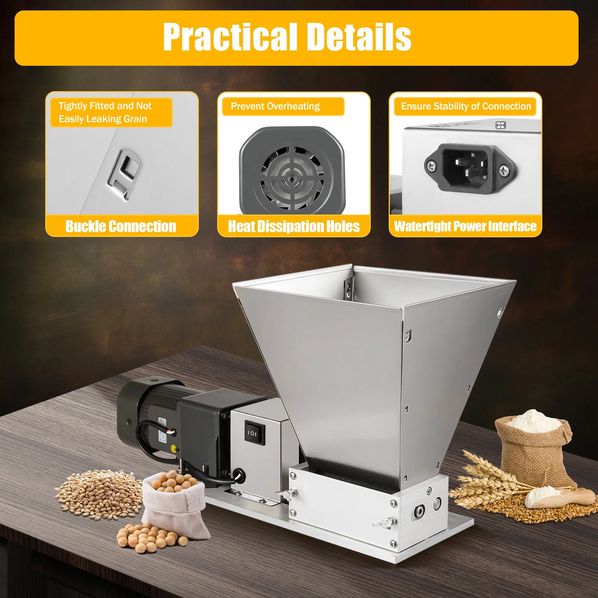 4L 220V Electric Grain Mill, 60W, 20kg/h, Adjustable Rollers