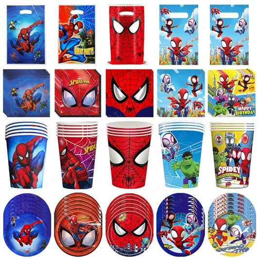 Spiderman Kids Birthday Party Supplies - Disposable Tableware Set with Plates, Cups, Napkins & Favor Bags