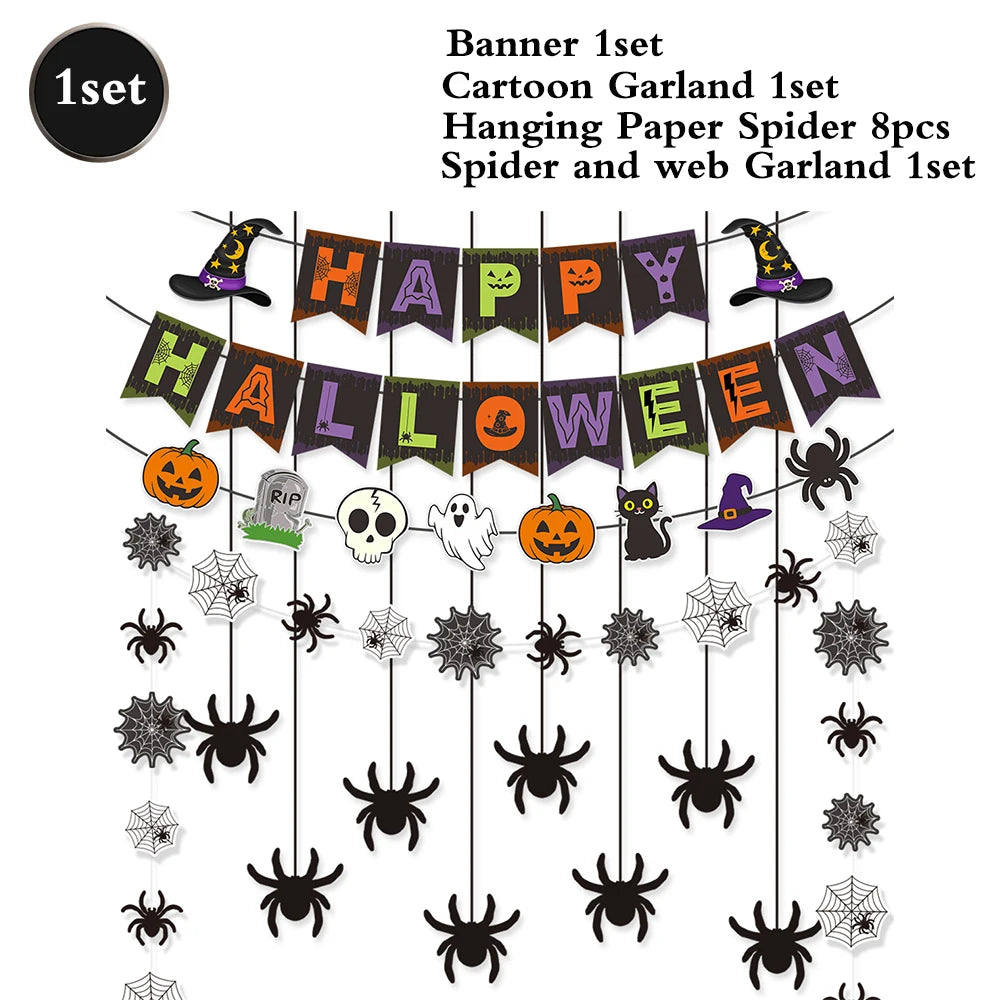 Halloween Party Decoration Set, Banner, Garland, Spider Web and More