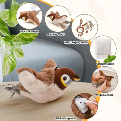 Rechargeable Chirping Flapping Plush Bird Toy – Touch-Activated Interactive Pet Toy for Cats & Dogs