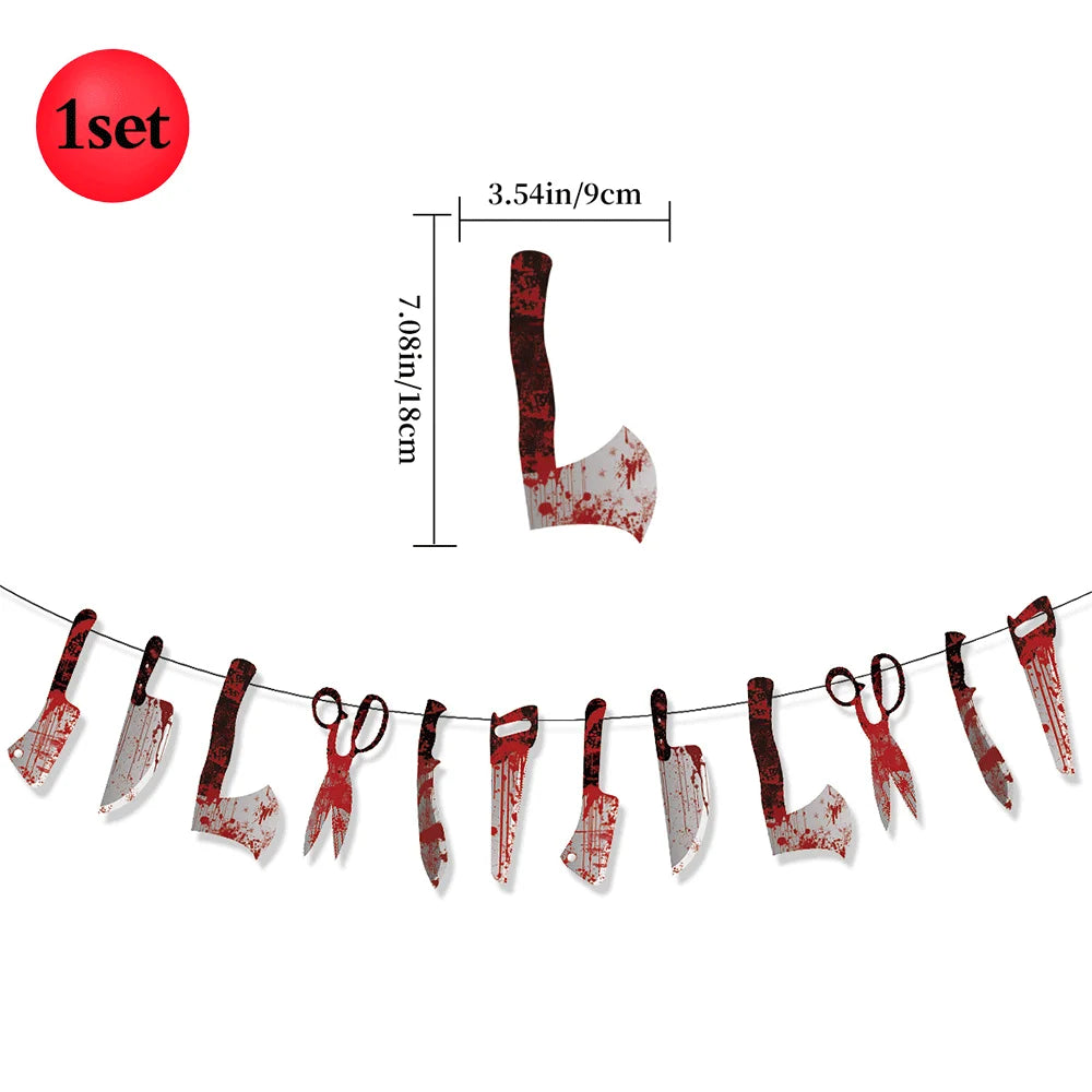 Halloween Banner & Bloody Butcher Knife Paper Garland Set – Happy Halloween Sign & Killer Tools Garland for Haunted House & Party Decor